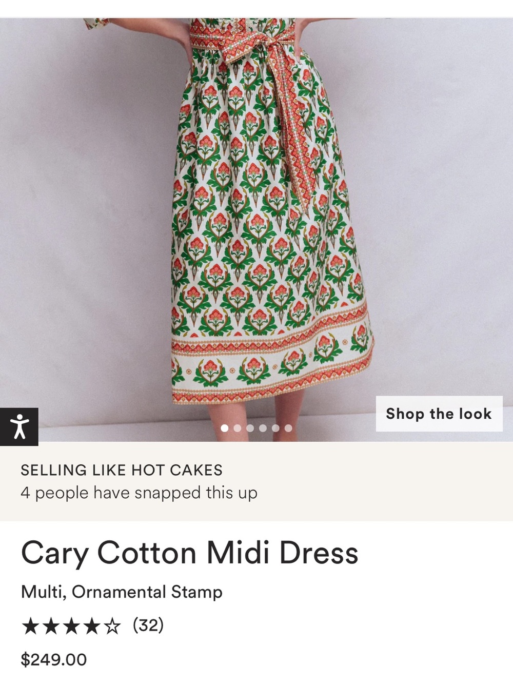 Boden Carry Cotton Midi Green & White Floral Tie-Waist Cottagecore Dress - Picture 6 of 14